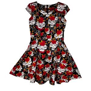 Dress Tells Womens Dress XL Black Red Skull Roses Gothic Fit & Flare Retro